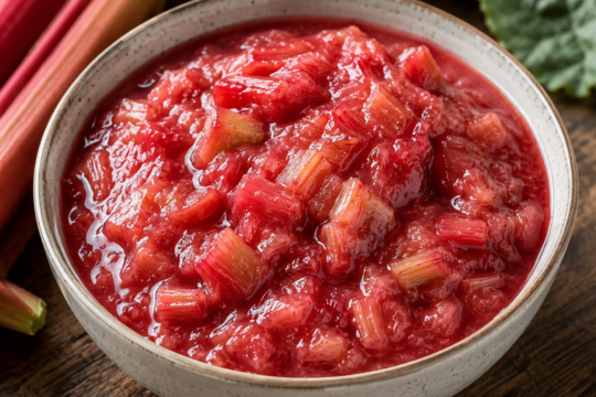Rhubarb Sauce Recipe — Bright, tart rhubarb cooked down with sugar to a glossy, chunky sauce. Twenty minutes, five