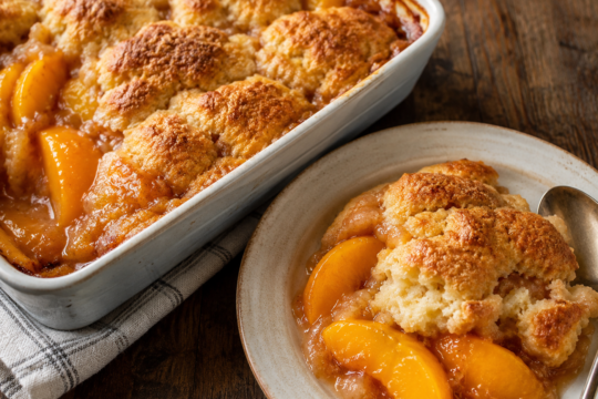 Southern Peach Cobbler Recipe — Jammy, spiced peach filling baked hot before the biscuits go on — that one step