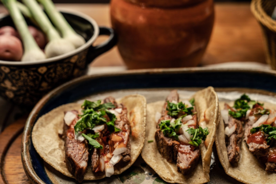 Sliced grilled carne asada steak on corn tortillas topped with onion, cilantro, and salsa