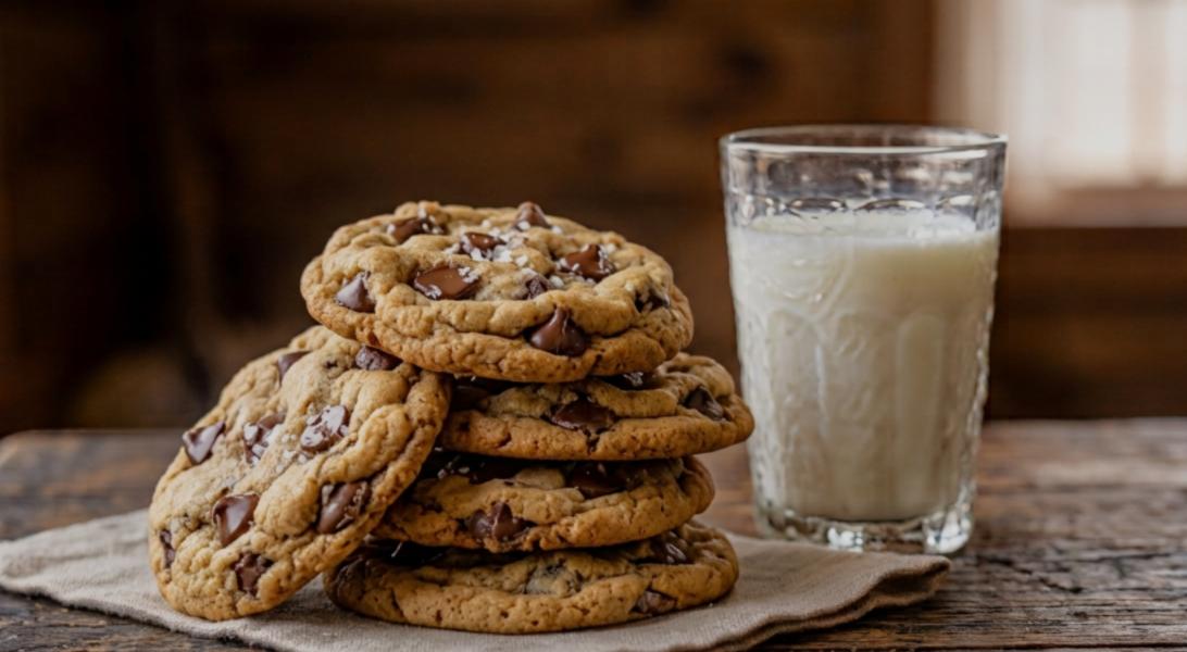 Stack of classic chocolate chip cookies with melted chocolate chips, next to a glass of milk