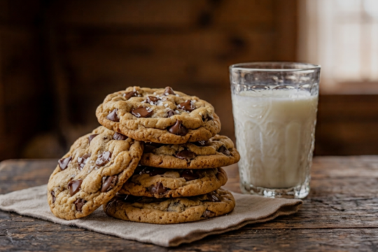 Stack of classic chocolate chip cookies with melted chocolate chips, next to a glass of milk