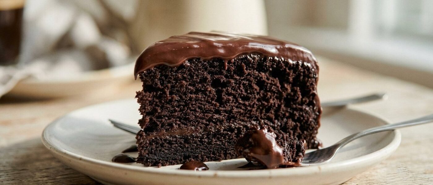 Slice of chocolate mayonnaise cake with glossy chocolate frosting