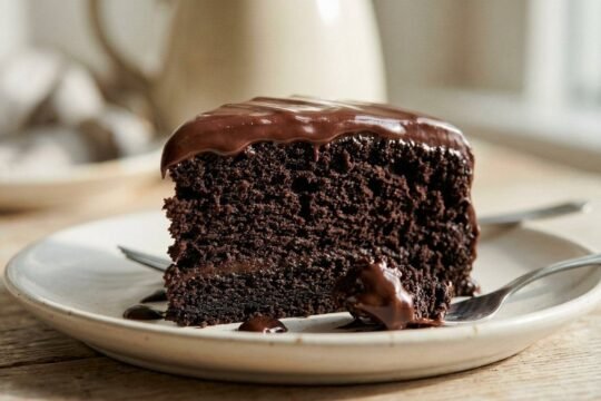 Slice of chocolate mayonnaise cake with glossy chocolate frosting