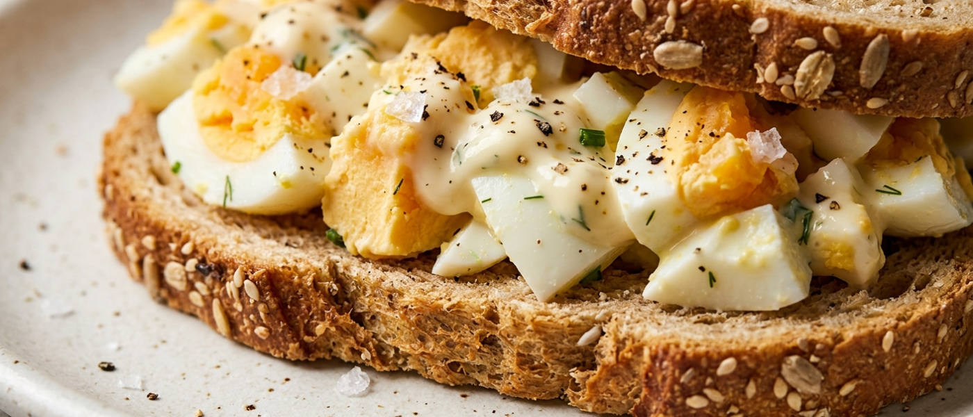 Egg salad sandwich on seeded whole grain bread with chives and cracked pepper
