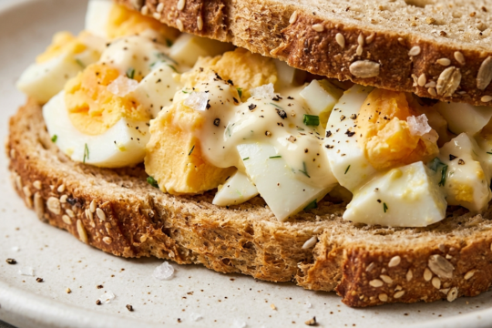 Egg salad sandwich on seeded whole grain bread with chives and cracked pepper