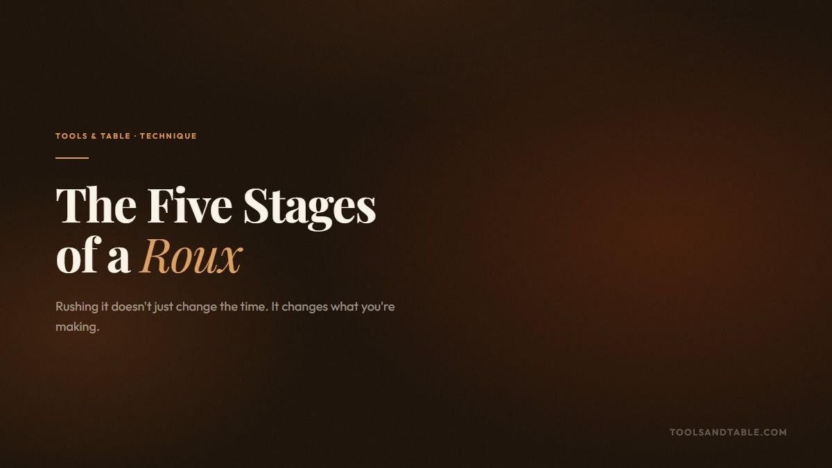 Cover graphic reading The Five Stages of a Roux, on a dark brown background