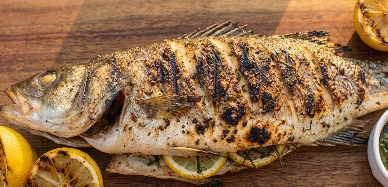 Grilled whole branzino with charred lemon slices on a wooden board