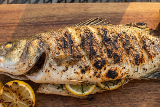 Grilled whole branzino with charred lemon slices on a wooden board