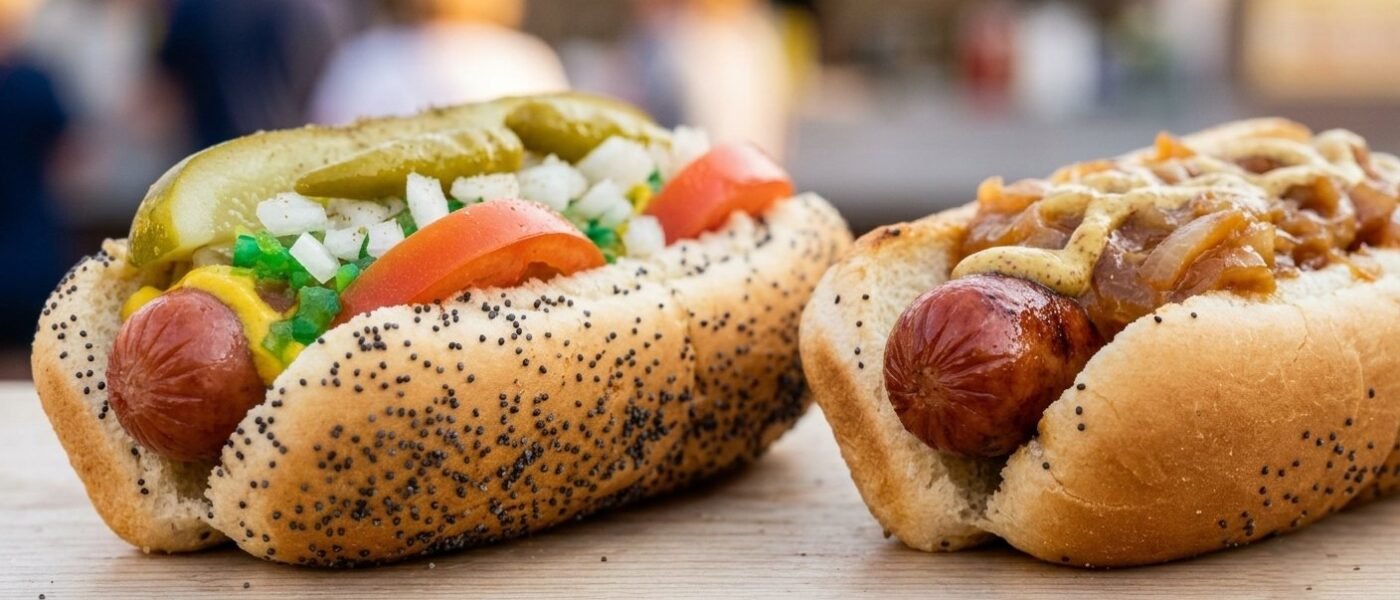 Two hot dogs on poppy seed buns, one Chicago-style and one with caramelized onions