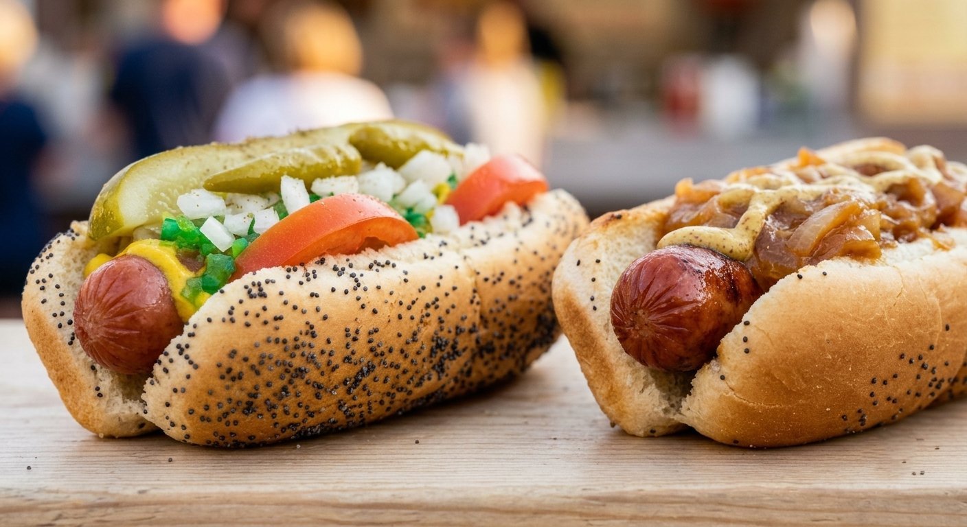 Grilled hot dogs in buns with ketchup and yellow mustard