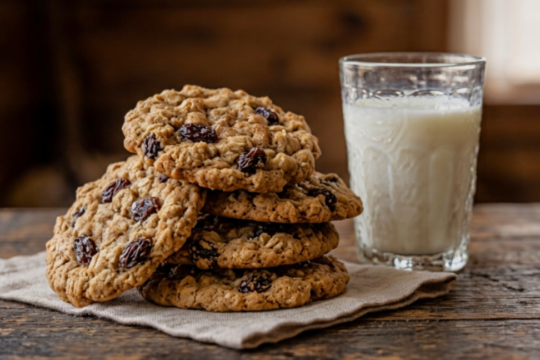 Stack of classic oatmeal raisin cookies with visible oats and raisins, next to a glass of milk