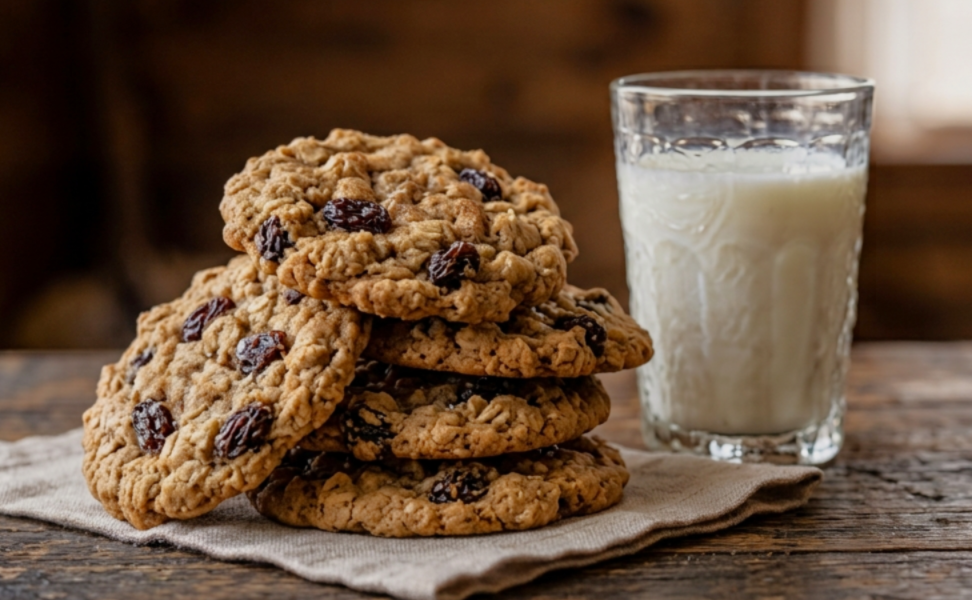 Stack of classic oatmeal raisin cookies with visible oats and raisins, next to a glass of milk