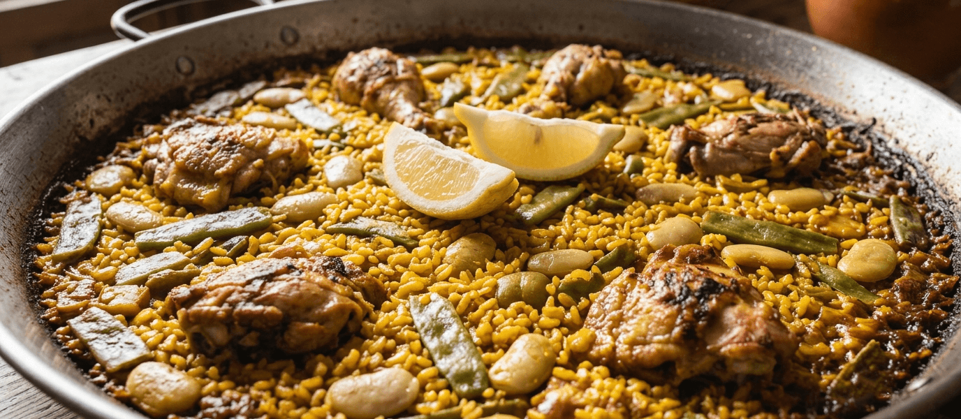Paella Valenciana in a wide paella pan with chicken, rabbit, and green beans in golden saffron rice with a crisp socarrat crust