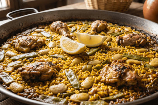 Paella Valenciana in a wide paella pan with chicken, rabbit, and green beans in golden saffron rice with a crisp socarrat crust