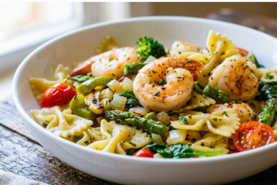 Bowl of bowtie pasta with shrimp, asparagus, tomatoes, and spinach