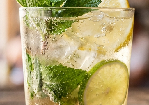 Rebujito in a highball glass over ice, garnished with a mint sprig, lemon wheel, and lime wheel