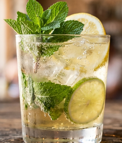Rebujito in a highball glass over ice, garnished with a mint sprig, lemon wheel, and lime wheel