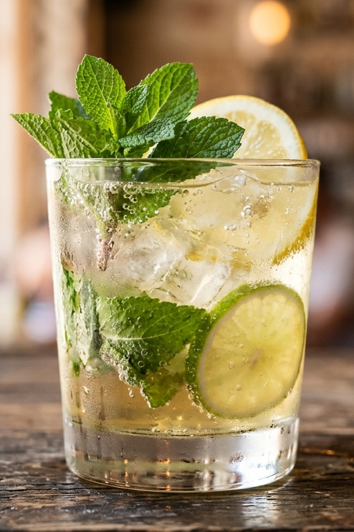 Rebujito in a highball glass over ice, garnished with a mint sprig, lemon wheel, and lime wheel