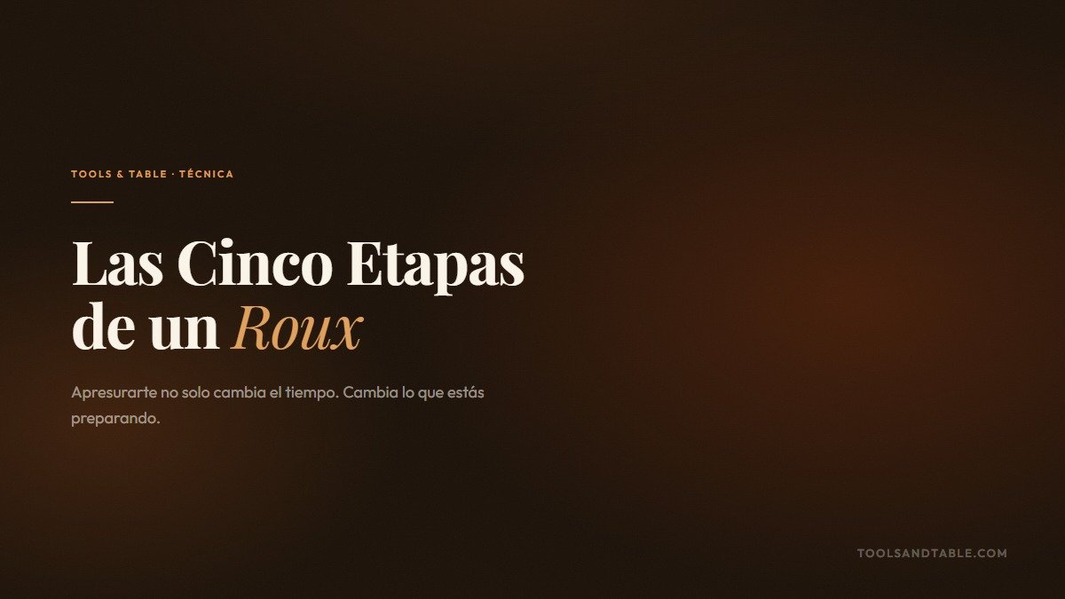 Cover graphic reading The Five Stages of a Roux, on a dark brown background