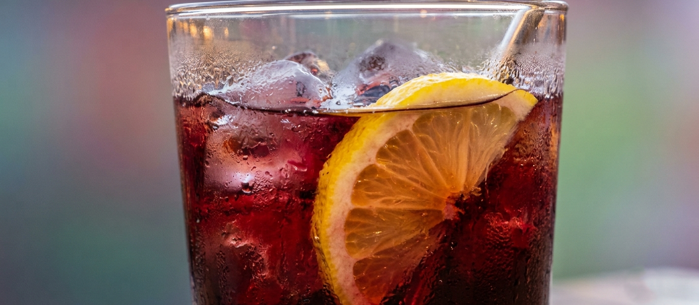 Tinto de Verano, red wine and lemon soda over ice, garnished with a lemon slice