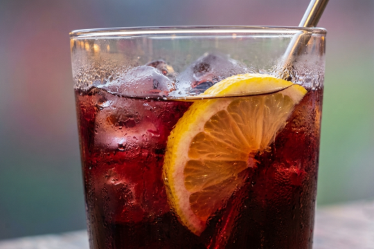 Tinto de Verano, red wine and lemon soda over ice, garnished with a lemon slice