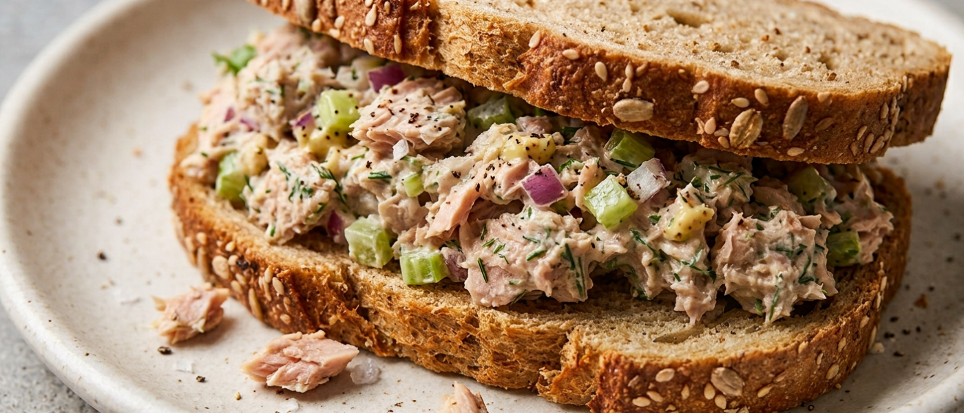 Tuna salad sandwich on seeded whole grain bread with celery, red onion, and dill
