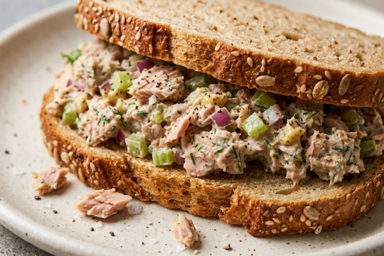 Tuna salad sandwich on seeded whole grain bread with celery, red onion, and dill