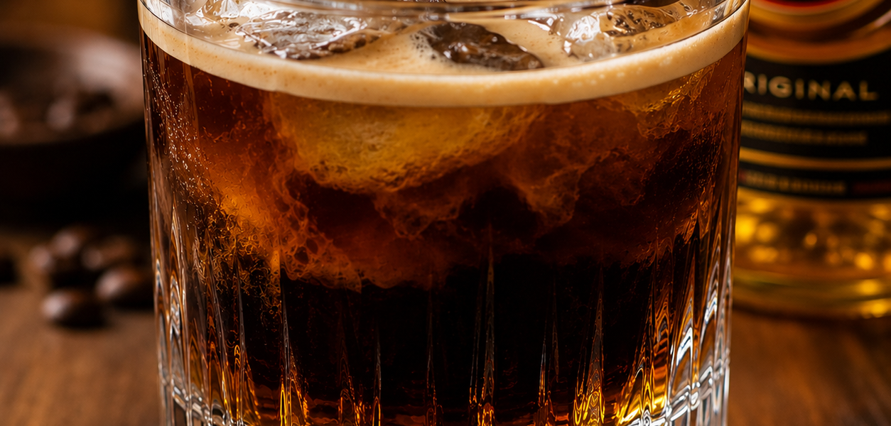 Iced Carajillo in a rocks glass with a thick foamy top over dark espresso and Licor 43, ice cubes and a coffee bean garnish