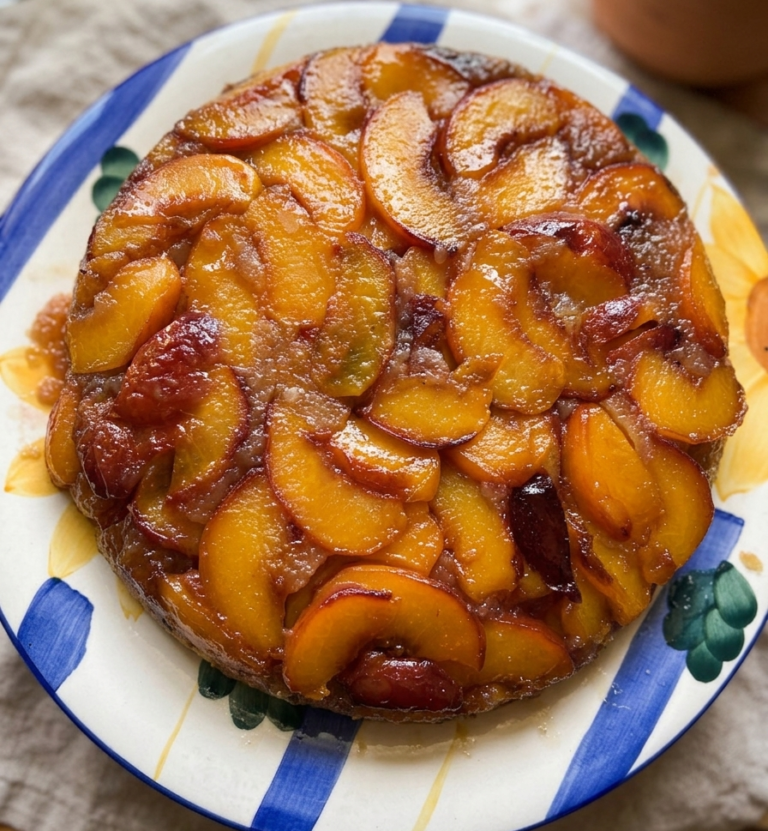 Cast iron peach upside-down cake just flipped out of the skillet, caramelized peach slices arranged over a golden vanilla cake