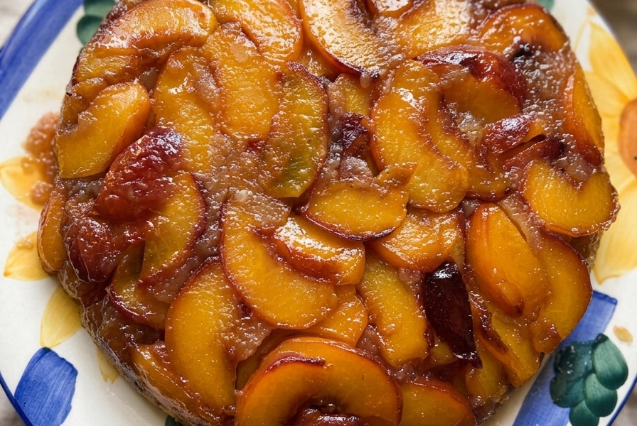 Cast iron peach upside-down cake just flipped out of the skillet, caramelized peach slices arranged over a golden vanilla cake