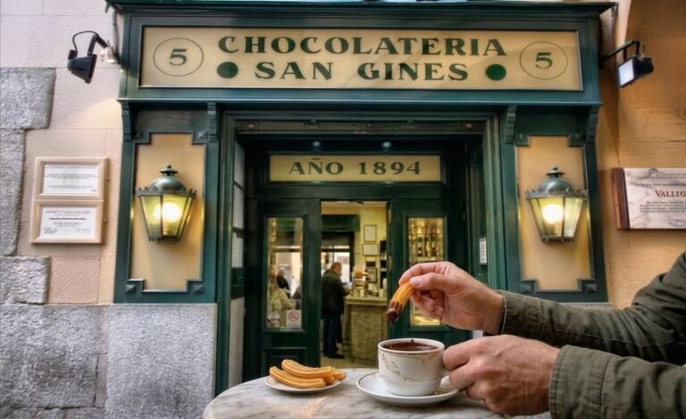 Warm churros served alongside a cup of thick Spanish hot chocolate for dipping