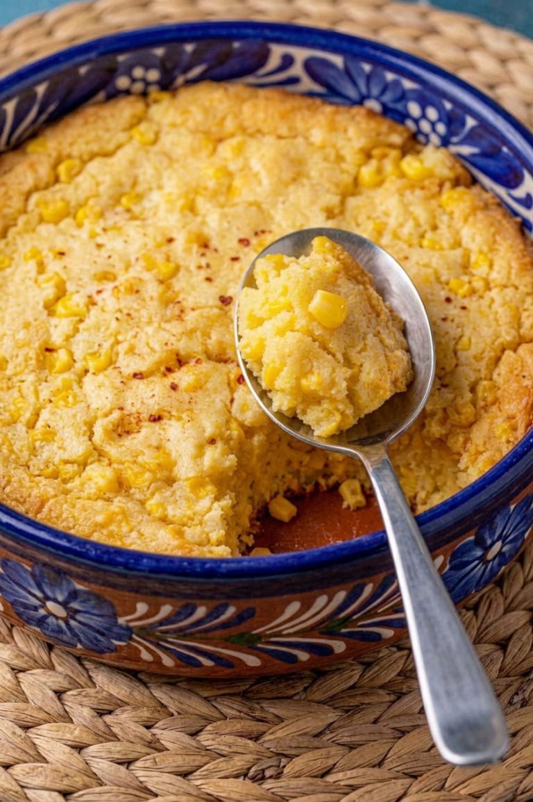 Spoon lifting a golden, corn-studded portion of Jiffy corn casserole from a blue and terracotta ceramic baking dish, dusted lightly with chili powder