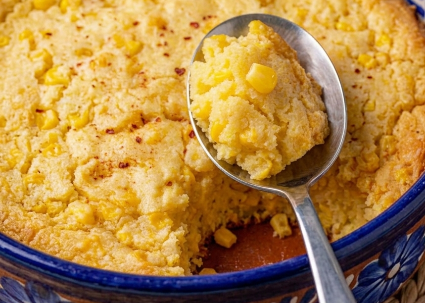 Spoon lifting a golden, corn-studded portion of Jiffy corn casserole from a blue and terracotta ceramic baking dish, dusted lightly with chili powder