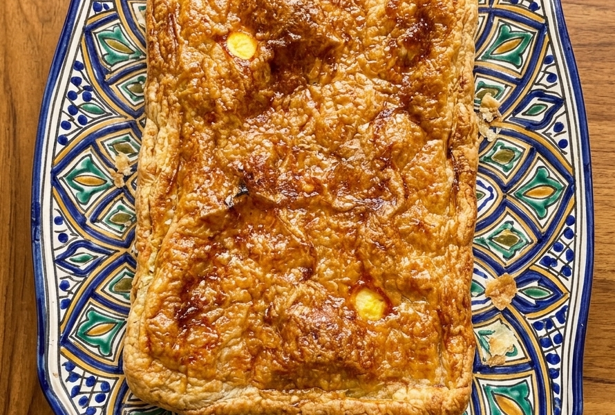Golden baked empanada gallega de atún on a decorative plate, sliced into squares