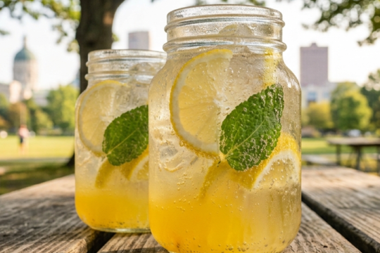 Two Lynchburg Lemonades in Ball Mason jars over ice on a wooden picnic table, garnished with lemon wheels and mint, park and city skyline in the background