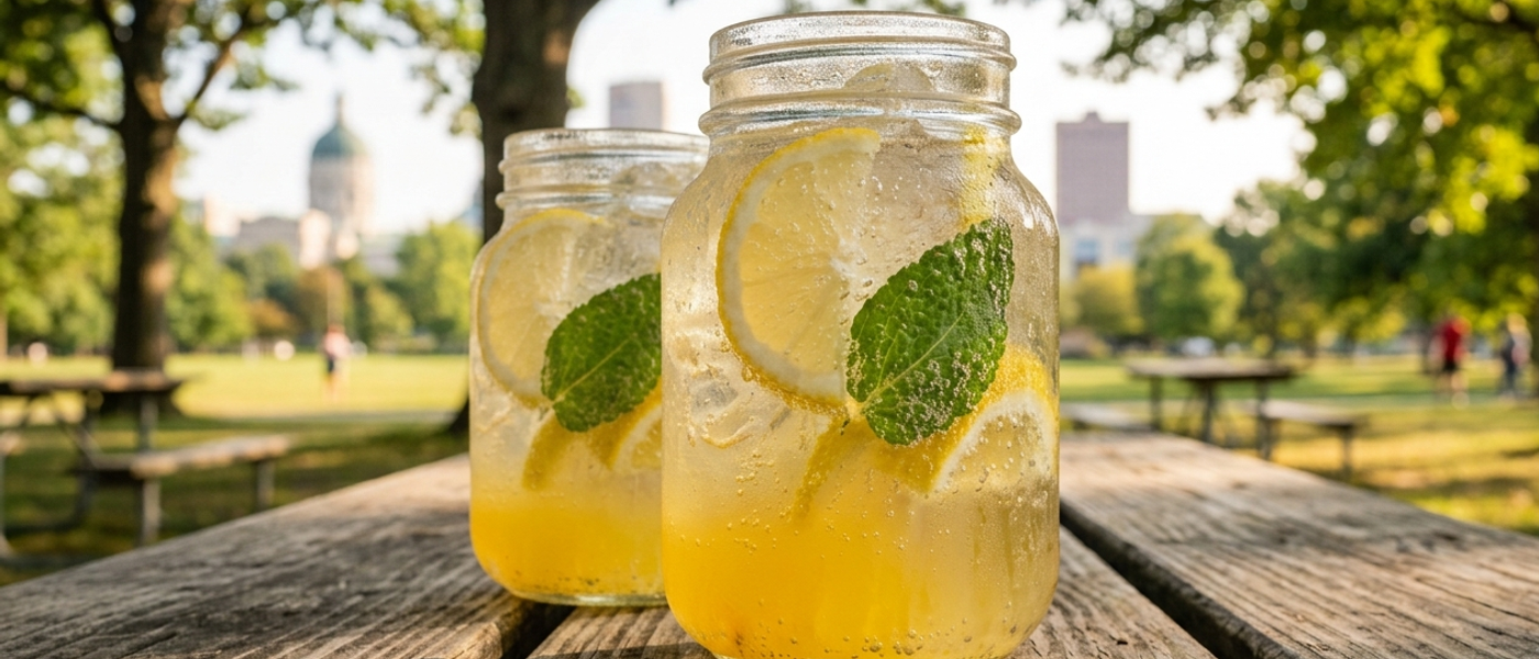 Two Lynchburg Lemonades in Ball Mason jars over ice on a wooden picnic table, garnished with lemon wheels and mint, park and city skyline in the background