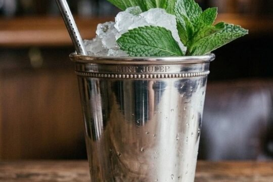 Mint Julep served in a frosted silver julep cup, packed with crushed ice and a large mint bouquet
