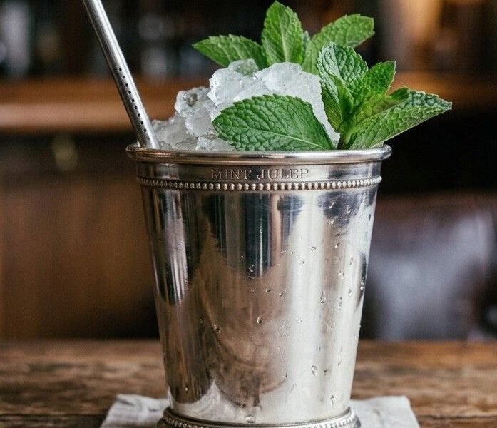 Mint Julep served in a frosted silver julep cup, packed with crushed ice and a large mint bouquet