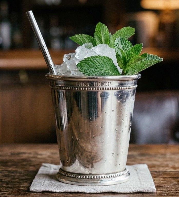 Mint Julep served in a frosted silver julep cup, packed with crushed ice and a large mint bouquet