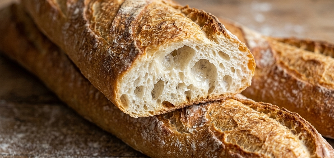 Two loaves of Spanish pan de barra bread, sliced open to show the airy crumb, dusted with flour on a wooden board