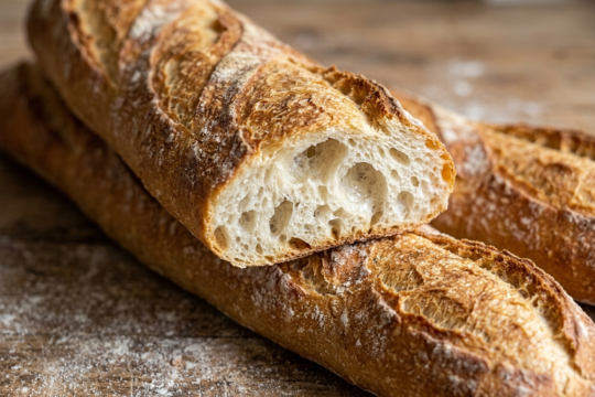 Two loaves of Spanish pan de barra bread, sliced open to show the airy crumb, dusted with flour on a wooden board