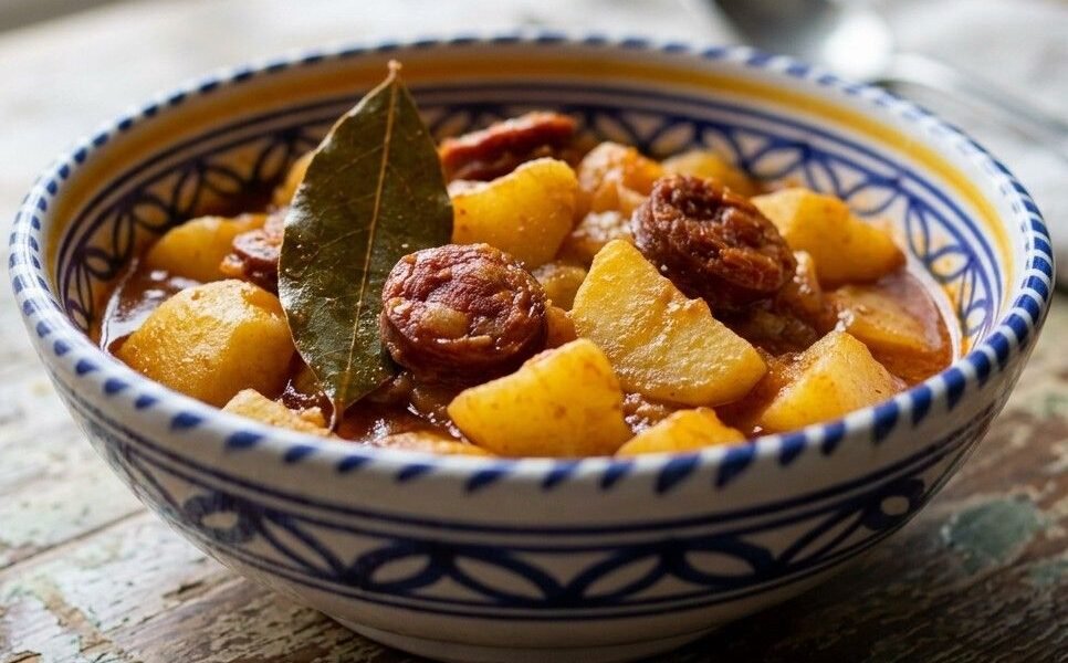 A rustic bowl of Patatas a la Riojana, torn potatoes and sliced chorizo in a thick paprika-red broth