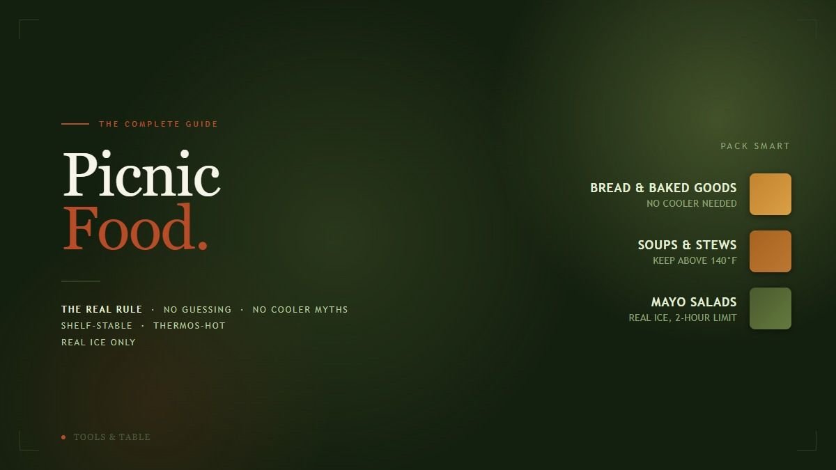 Cover graphic reading Picnic Food: What Actually Travels Safely, on a dark green background with a food-safety category chart