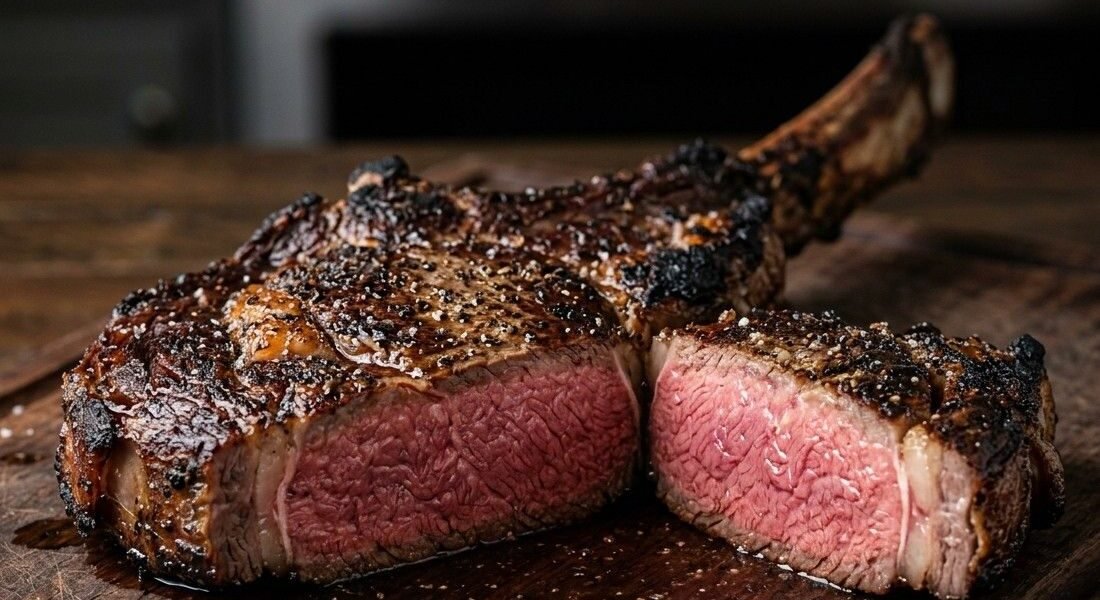Bone-in ribeye steak sliced in half on a wood board, showing a deep brown crust and an even pink medium-rare center edge to edge with no gray band