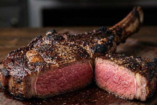 Bone-in ribeye steak sliced in half on a wood board, showing a deep brown crust and an even pink medium-rare center edge to edge with no gray band