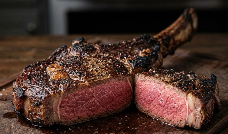 Bone-in ribeye steak sliced in half on a wood board, showing a deep brown crust and an even pink medium-rare center edge to edge with no gray band
