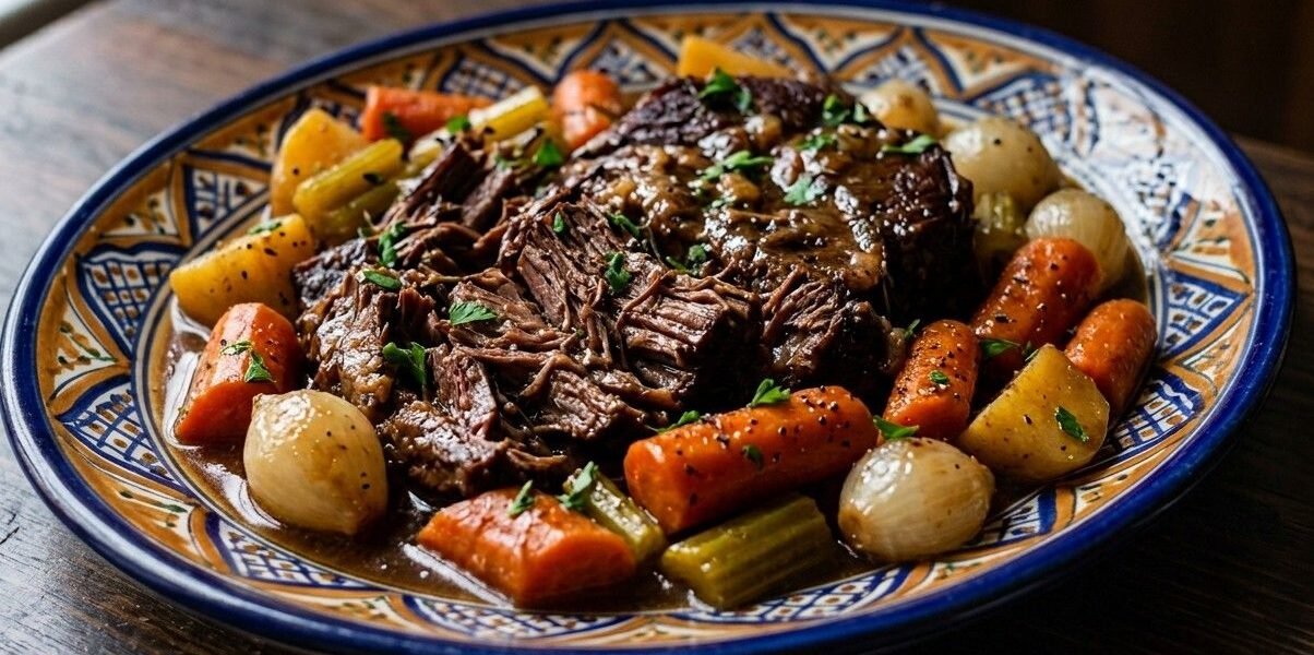 Slow cooker pot roast shredded and served with carrots, celery, potatoes, and pearl onions in a rich gravy, garnished with parsley