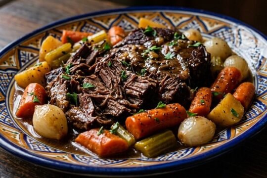 Slow cooker pot roast shredded and served with carrots, celery, potatoes, and pearl onions in a rich gravy, garnished with parsley