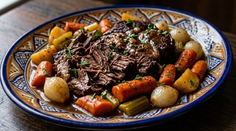 Slow cooker pot roast shredded and served with carrots, celery, potatoes, and pearl onions in a rich gravy, garnished with parsley