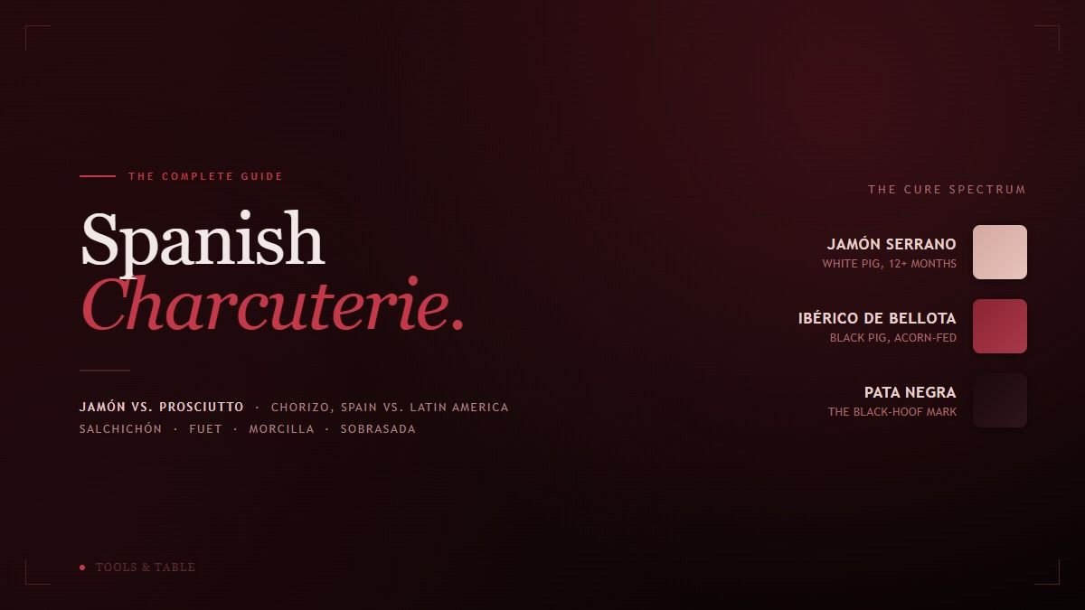 The Spanish Charcuterie Guide cover graphic on a deep garnet-and-black background, with a swatch spectrum running from pale Jamón Serrano through deep Ibérico de Bellota to the black Pata Negra hoof mark